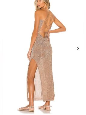 Lovers + Friends Metallic Beige Knit Maxi Dress with Open Back